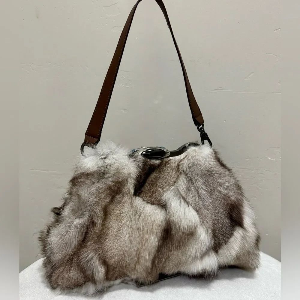 Natural Fox Fur Handmade Unique Metal Frame & Push Lock Shoulder Bag, Crossbody